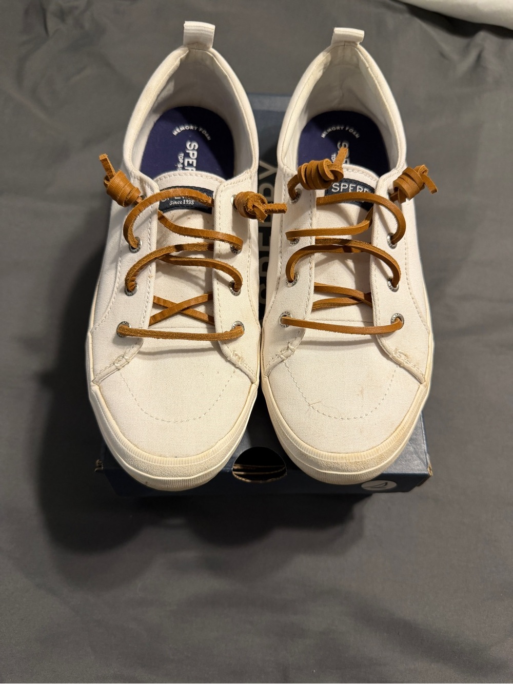 Sperry White Canvas Sneakers with Brown Laces